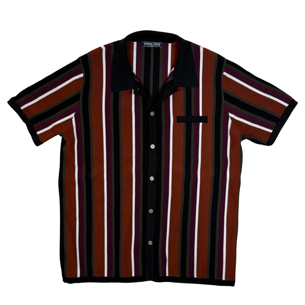 PJ Paul Jones Men's XL Knit Button Up Shirt Black Maroon Striped Retro Mod